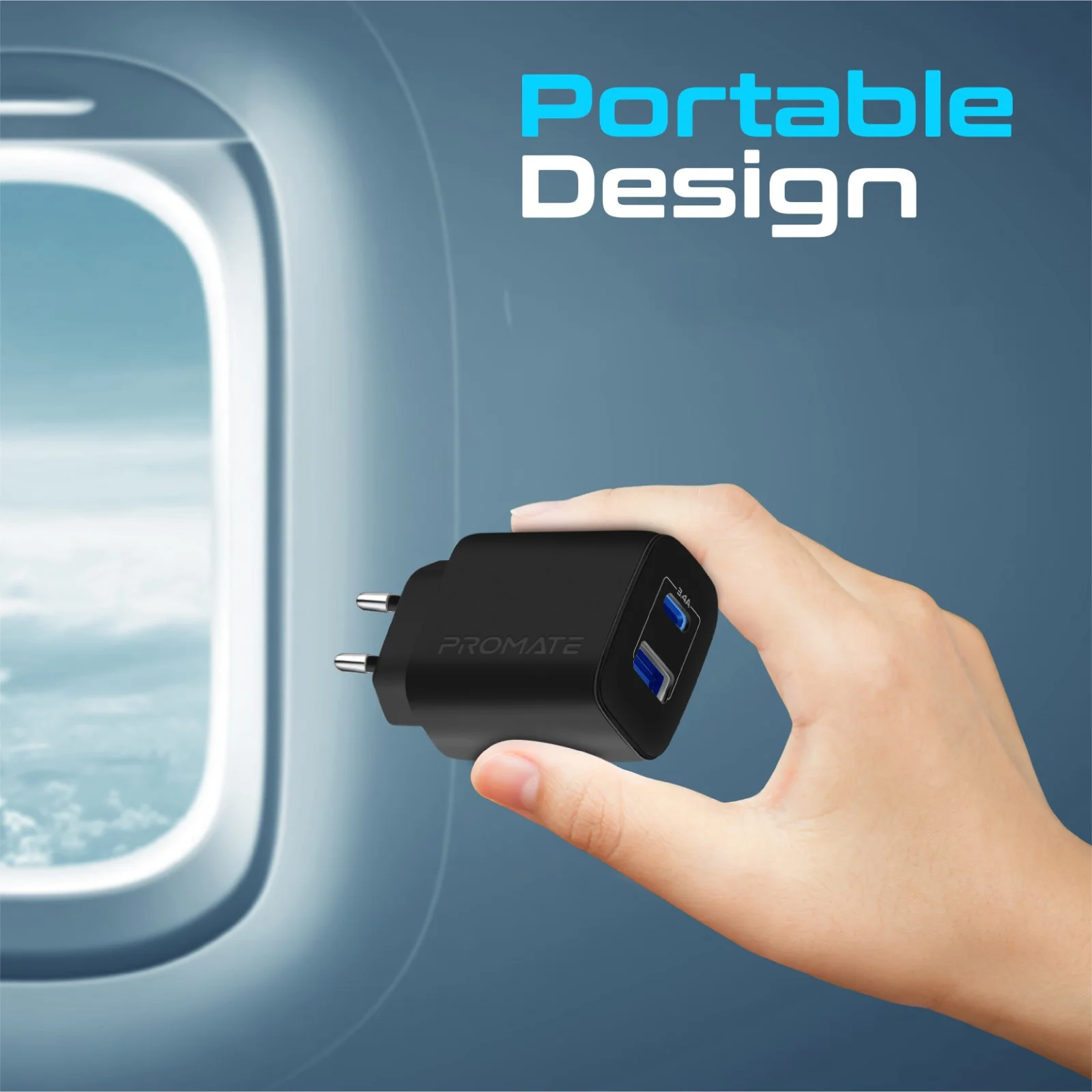 شاحن حائط Promate BiPlug-2 ثنائي المنافذ USB-C وUSB-A بقدرة 17 واط قابس أوروبي - أبيض - Thumbnail 9