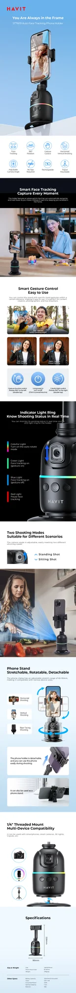 حامل هاتف HAVIT ST7609 بتتبع تلقائي للوجه ودوران 360° - Thumbnail 2