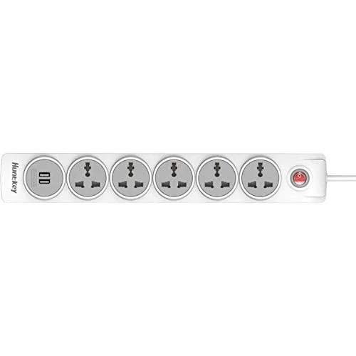Huntkey SZN 607 Universal Power Strip, 5 Sockets, 2 USB Charging Ports (5V, 2.4A), 3m Cable, Surge Protection, Child-Protective Shutters, White - Thumbnail 2