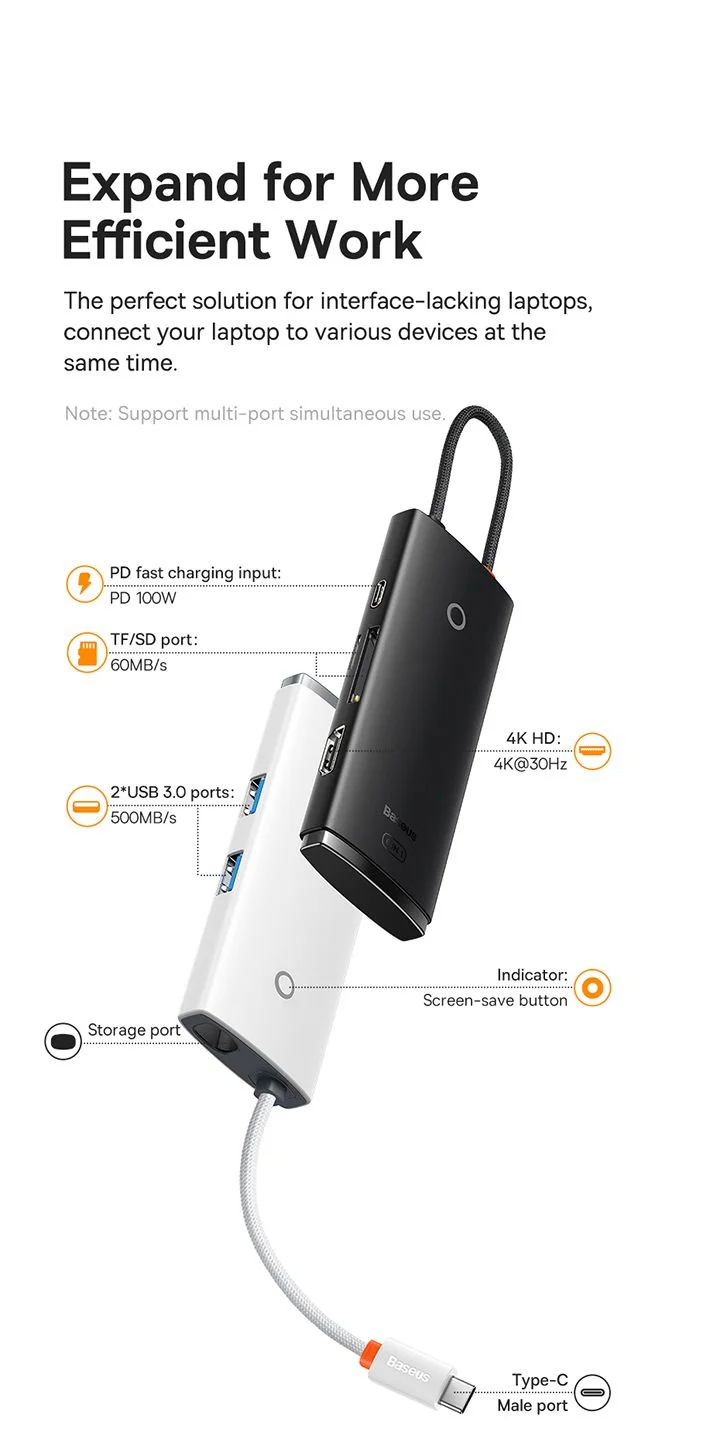 محطة إرساء وموزع Type-C Baseus Lite Series 6 منافذ HDMI وUSB 3.0 وPD وSD/TF باللون الأسود - Image 29