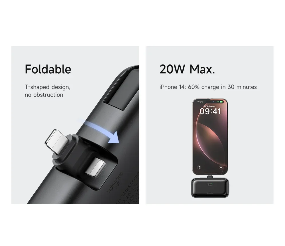 باور بانك Mcdodo MC-7800 MDD Free Kit بسعة 5000mAh وشحن 20W مع قابس iPhone وشاشة رقمية - أسود - Thumbnail 16