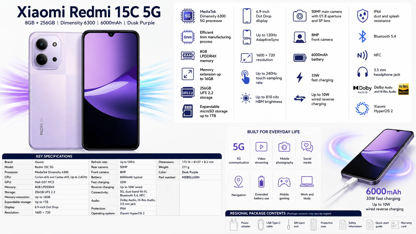 Xiaomi Redmi 15C 5G 6.9-inch 120Hz Display, 50MP Camera, 8GB RAM, 256GB Storage, 6000mAh, Dusk Purple (MZB0LLGEN) - Image 7