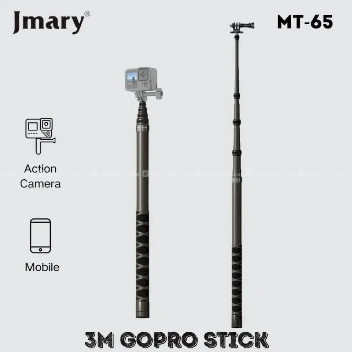 Jmary MT-65 Carbon Fiber Invisible Extension Pole for Action Cameras, 3 Meter, Black - Thumbnail 3