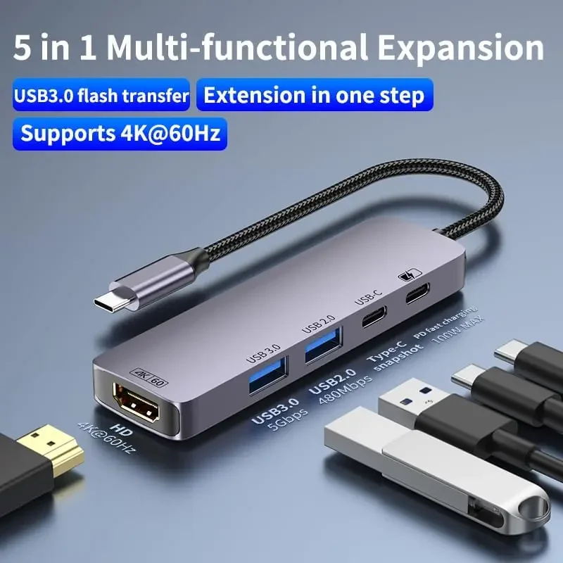 HAING HI-3031-THU USB-C 5-in-1 Multiport Adapter with 4K 60Hz HDMI and 100W PD - Thumbnail 3