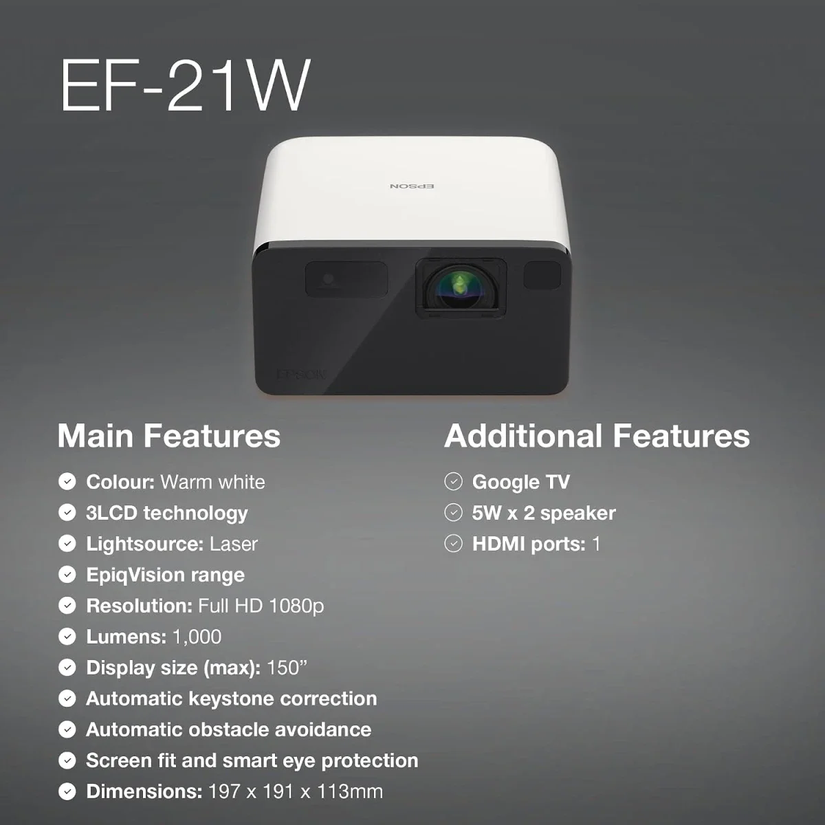 EPSON EF-21W Mini Full HD Laser Projector with Google TV, 1,000 Lumens, Warm White - Thumbnail 8