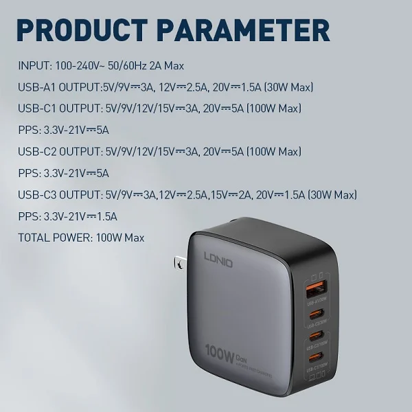LDNIO Q408 100W GaN Wall Charger, 3 USB-C + 1 USB-A, Lightning Cable, Black - Thumbnail 4