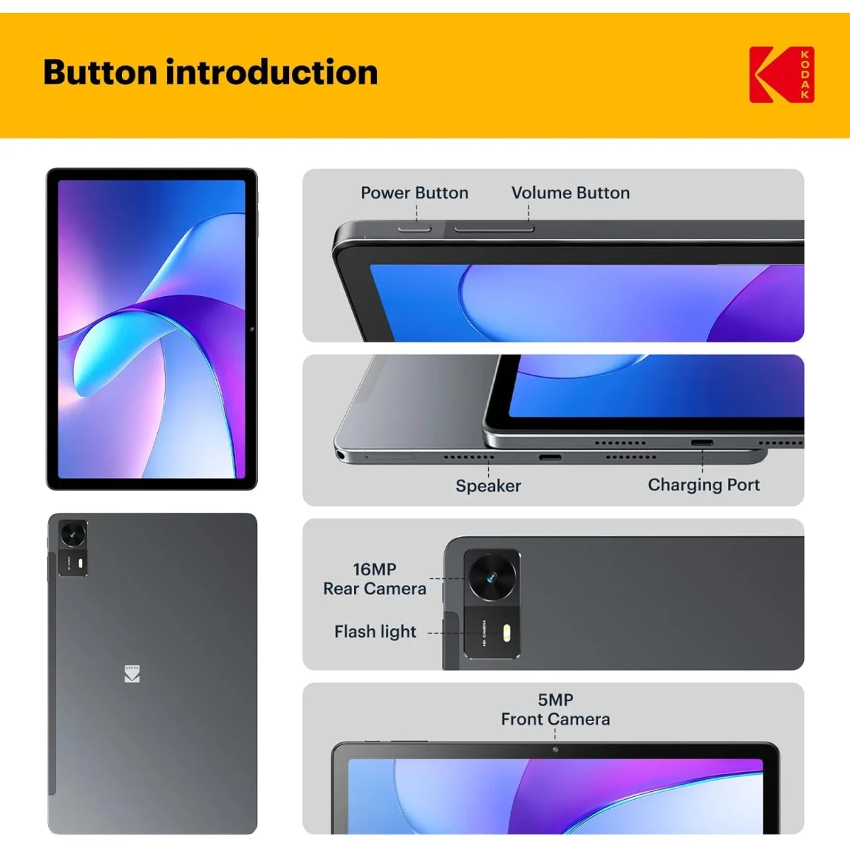 تابلت Kodak K11 أندرويد واي فاي 11.0 إنش، 128GB، شاشة IPS 2K FHD لمس، مع جراب حماية، Space Gray - Image 7