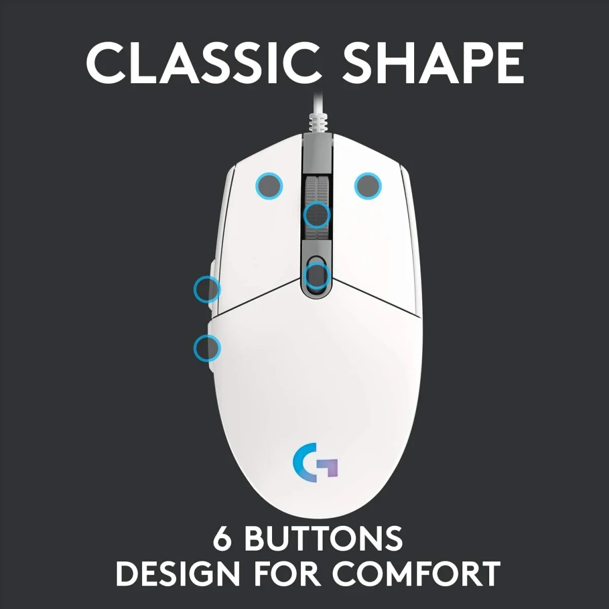 ماوس ألعاب Logitech G203 سلكي بدقة 8,000 DPI وإضاءة LIGHTSYNC RGB، أبيض - Image 7
