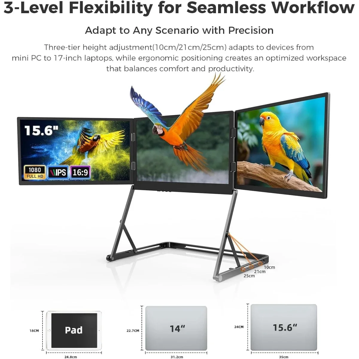 شاشة لابتوب موسعة V2COM Q1 ثلاثية IPS مقاس 15.6 إنش FHD 60 هرتز HDR ودوران 360° - Thumbnail 7