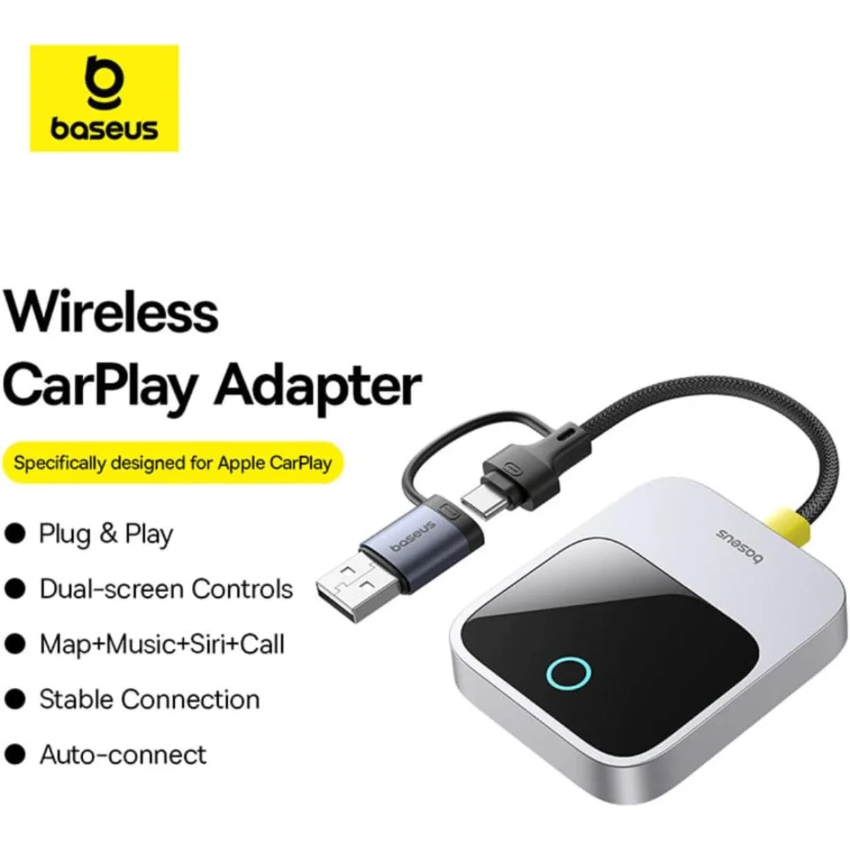 Baseus PrimeTrip Wireless CarPlay Adapter for iPhone, Grey - Thumbnail 2