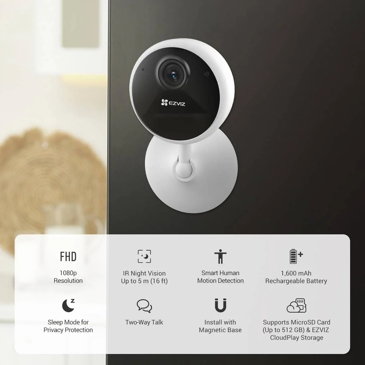 كاميرا مراقبة داخلية EZVIZ CB1 لاسلكية 1080p واي فاي ببطارية وتخزين 512GB - Image 2