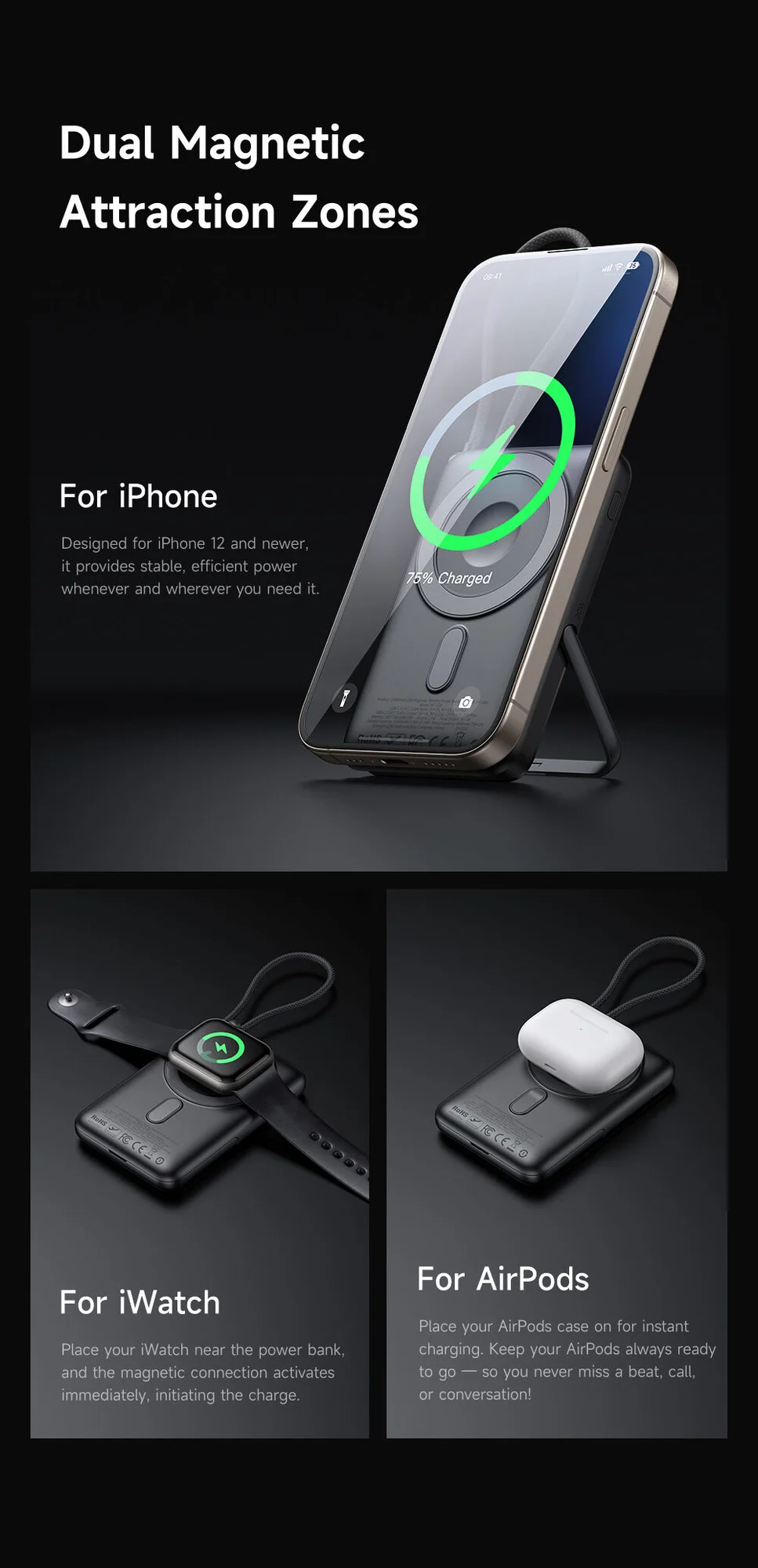 Mcdodo MC-6320 Magnetic Power Bank 10000mAh 20W with Digital Display, USB-C Cable & Stand - Black - Thumbnail 11