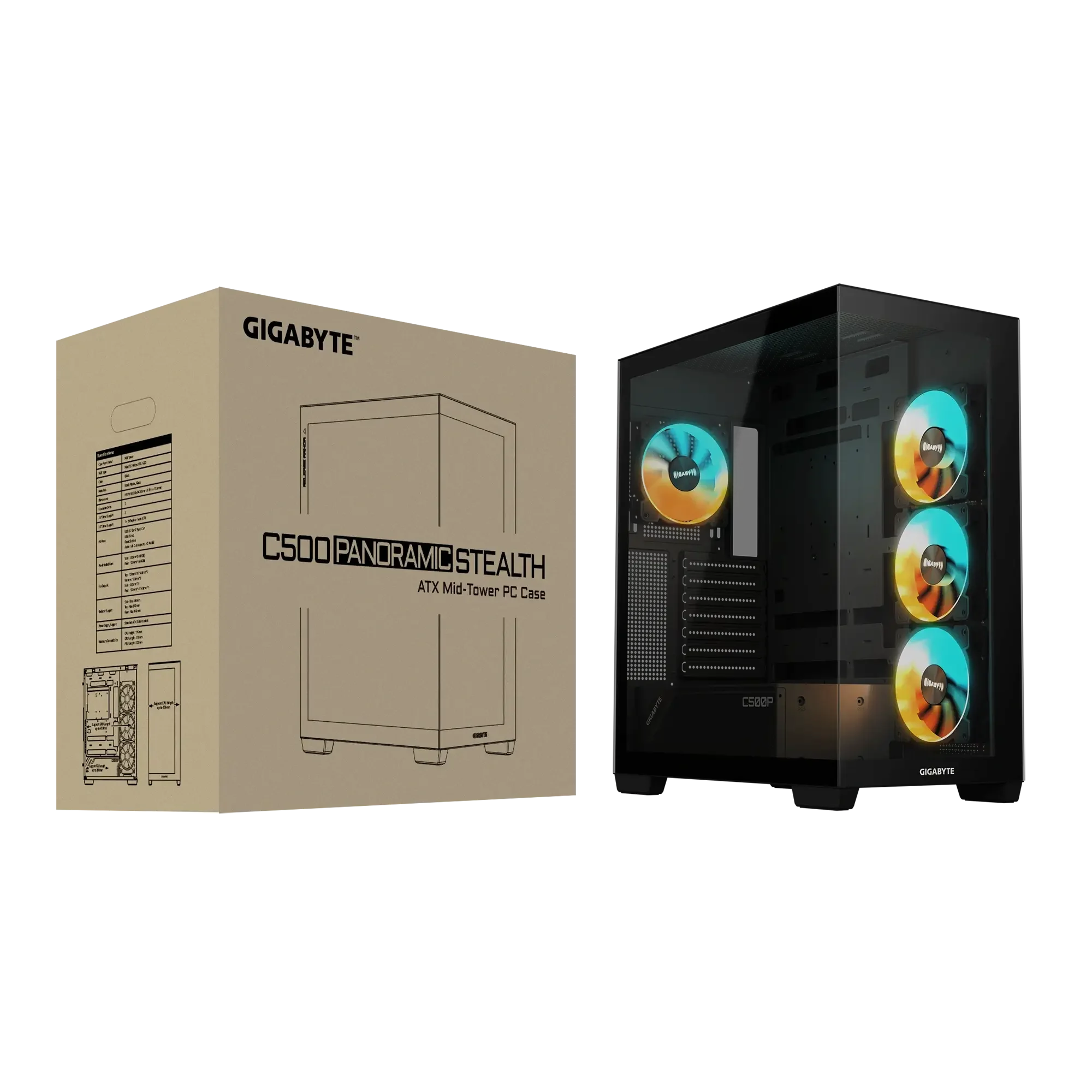 صندوق كمبيوتر ألعاب GIGABYTE C500 Panoramic Stealth زجاج مقوى مع 4 مراوح ARGB - Image 3