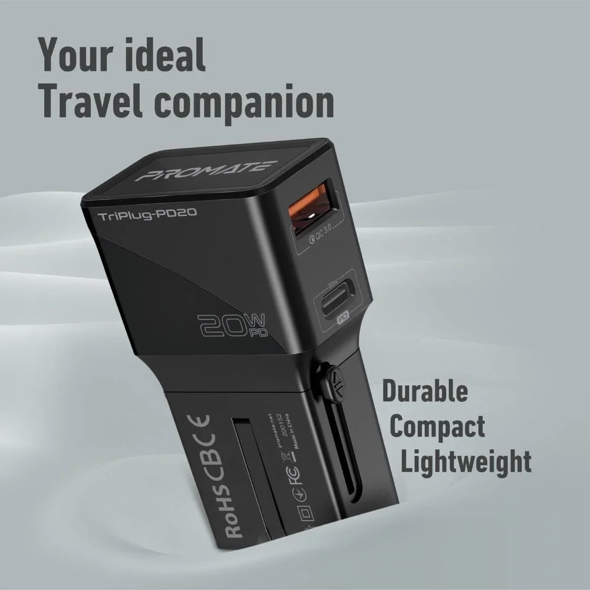 محول سفر عالمي Promate TriPlug-PD20 بقدرة 20 واط مع QC 3.0 ومقبس US/UK/EU/AU - أسود - Image 5