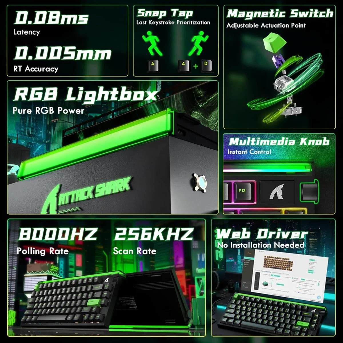 ATTACK SHARK R85 HE Wired 75% Hall Effect RGB Gaming Keyboard, Green - Image 3
