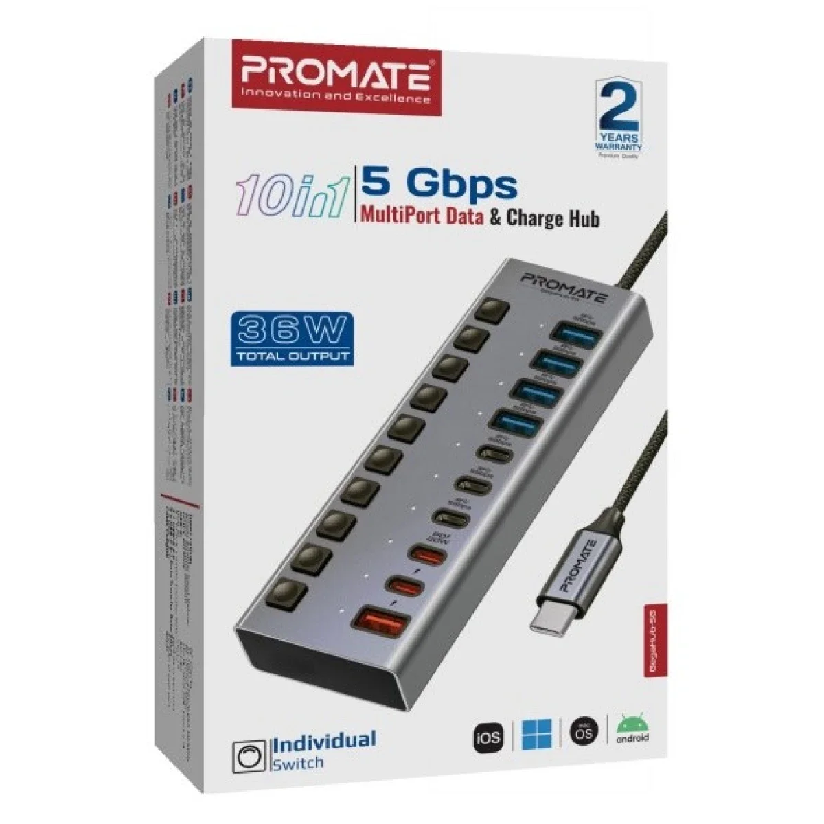 موزع Promate GegaHub-5G متعدد المنافذ USB-C 10 في 1 بسرعة 5Gbps وشحن PD بقوة 20W - Thumbnail 6
