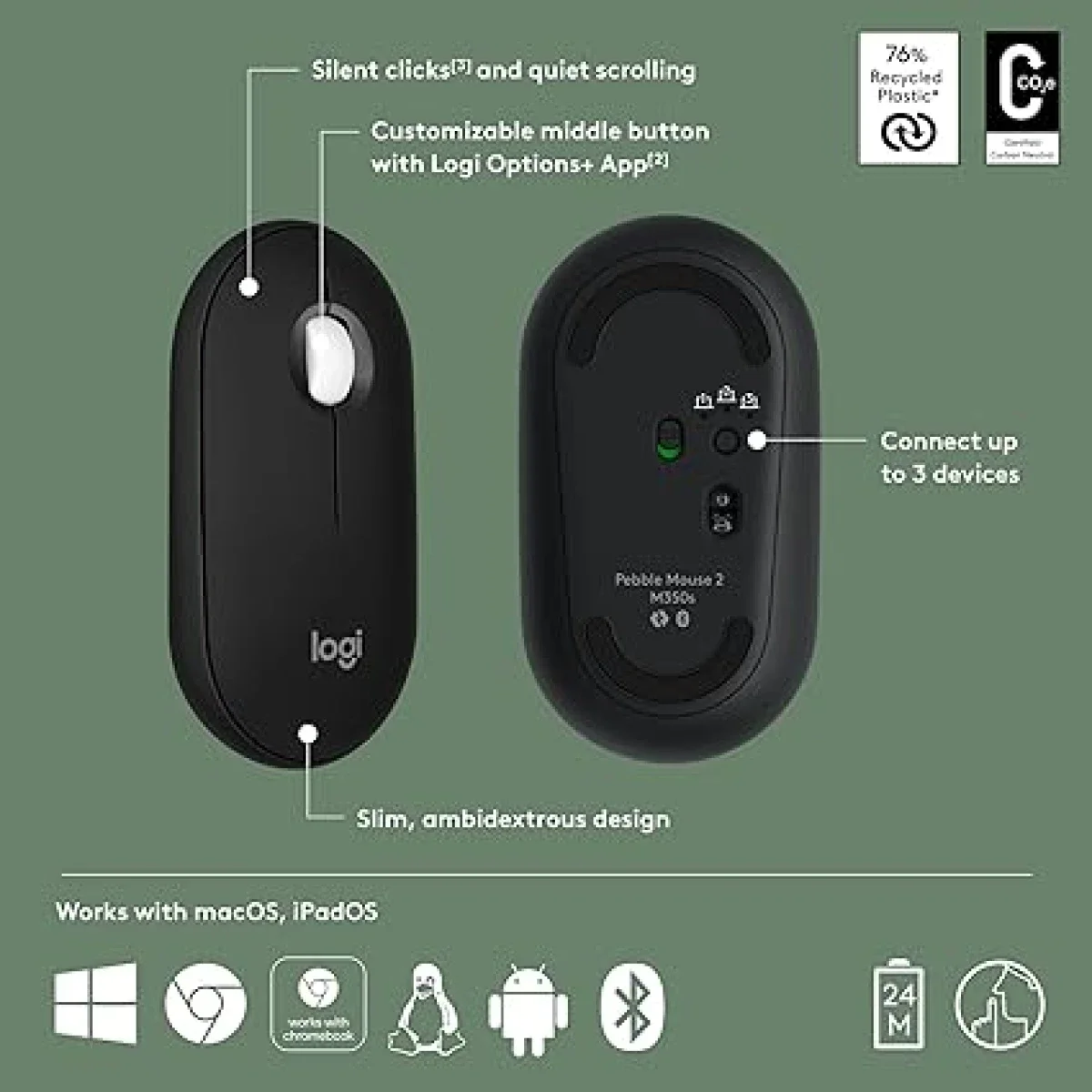ماوس Logitech Pebble 2 M350s لاسلكي وبلوتوث - جرافيت - Thumbnail 3