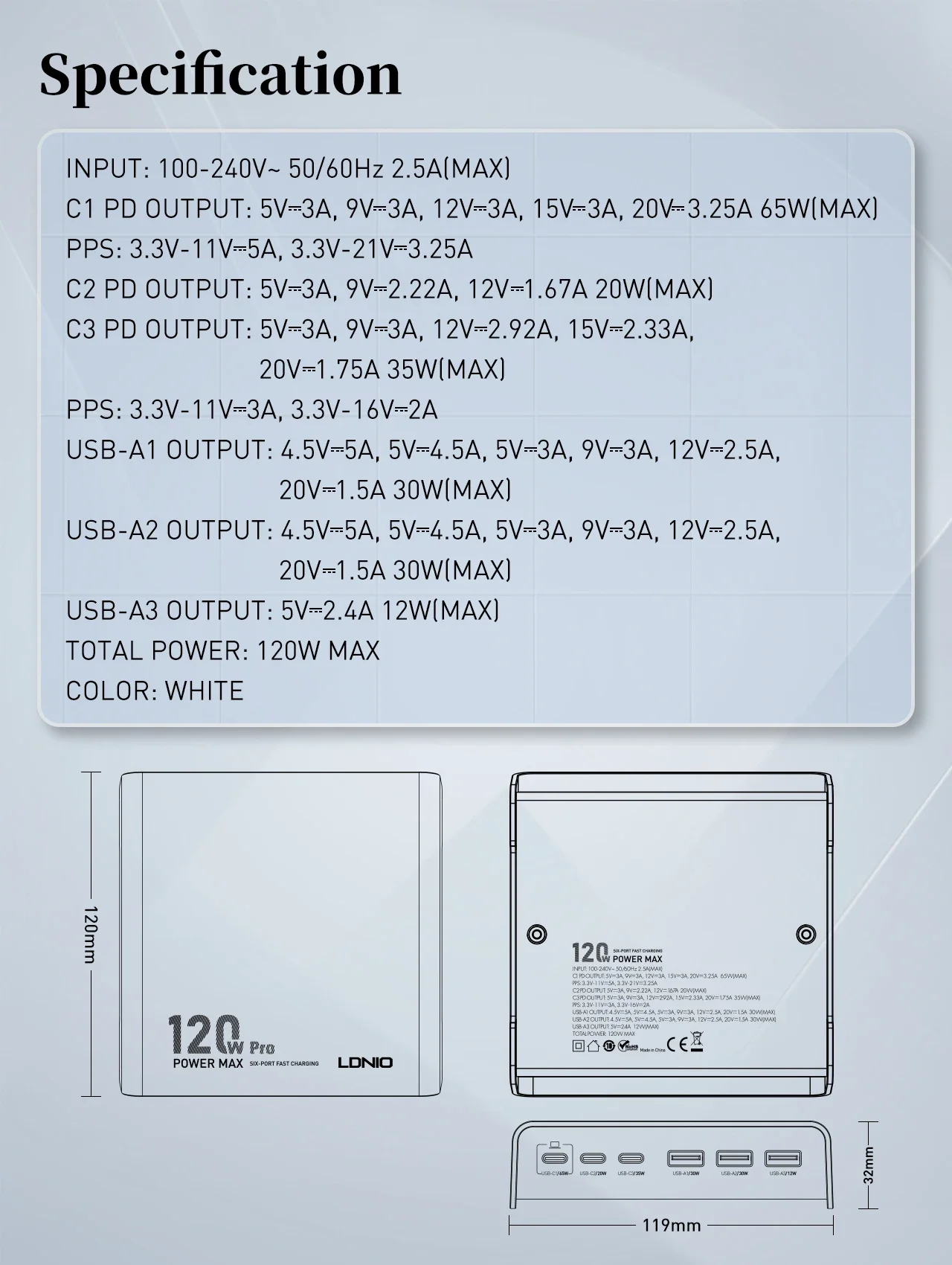شاحن مكتبي سريع LDNIO Q605 بقدرة 120 واط و6 منافذ USB-C PD - أسود - Thumbnail 16