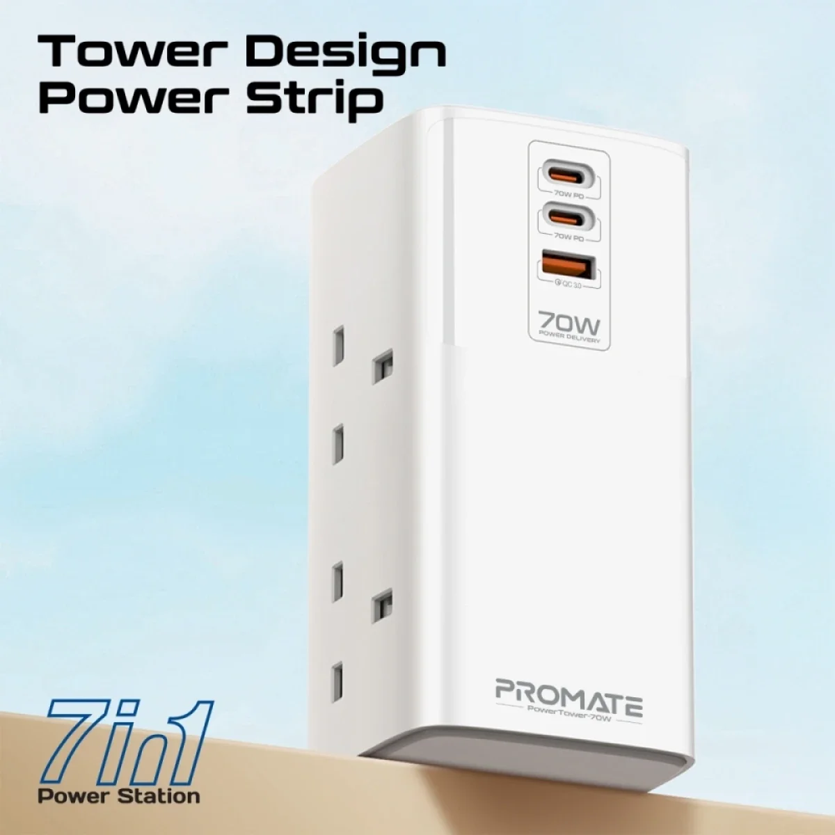 محطة شحن متعددة المنافذ Promate PowerTower-70W مع منفذي USB-C PD بقدرة 70W ومنفذ QC 3.0 بقدرة 30W و4 مقابس AC عالمية - Thumbnail 4