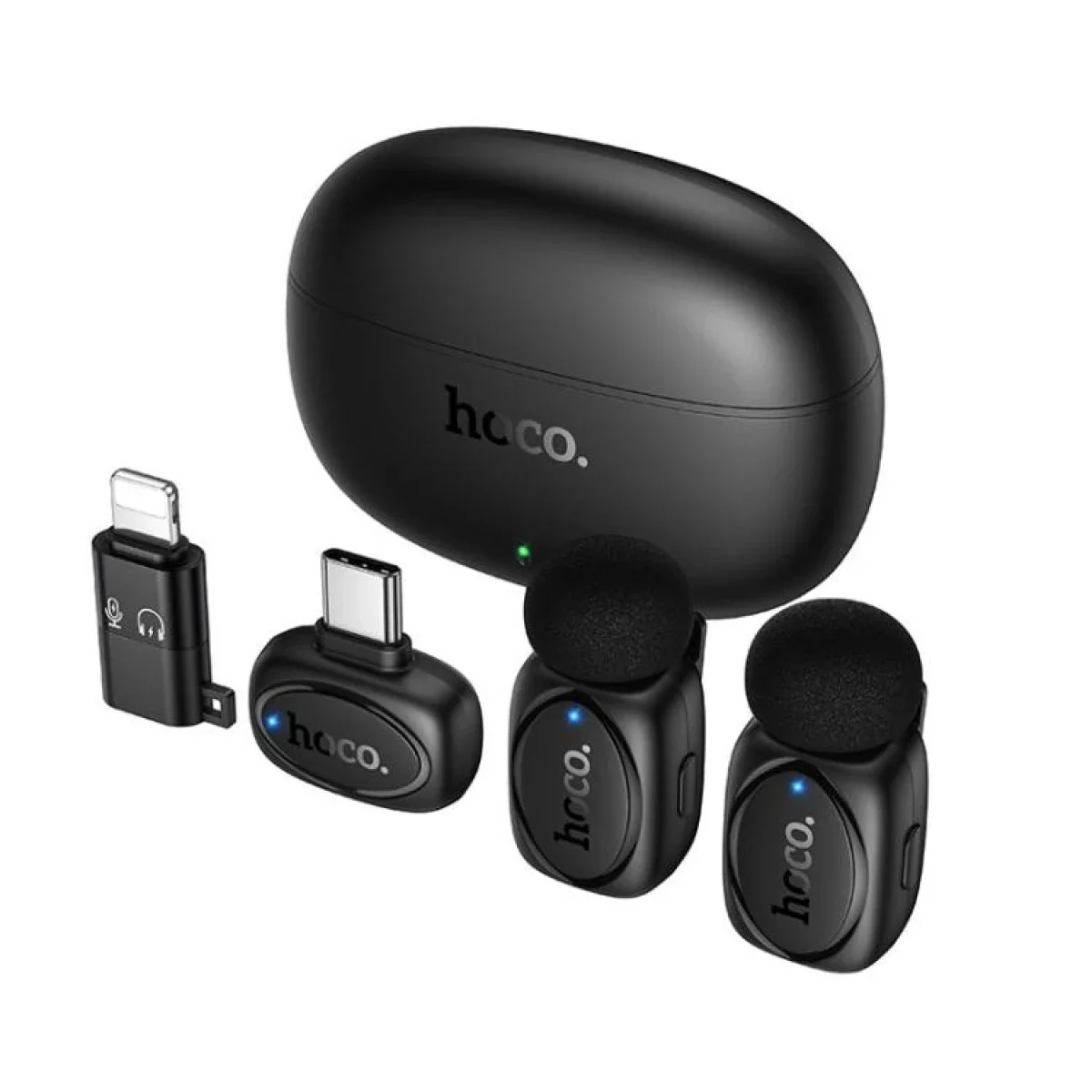 HOCO L19 Dual Wireless Lavalier Microphone with Type-C Receiver and Lightning Adapter, Black - Image 2
