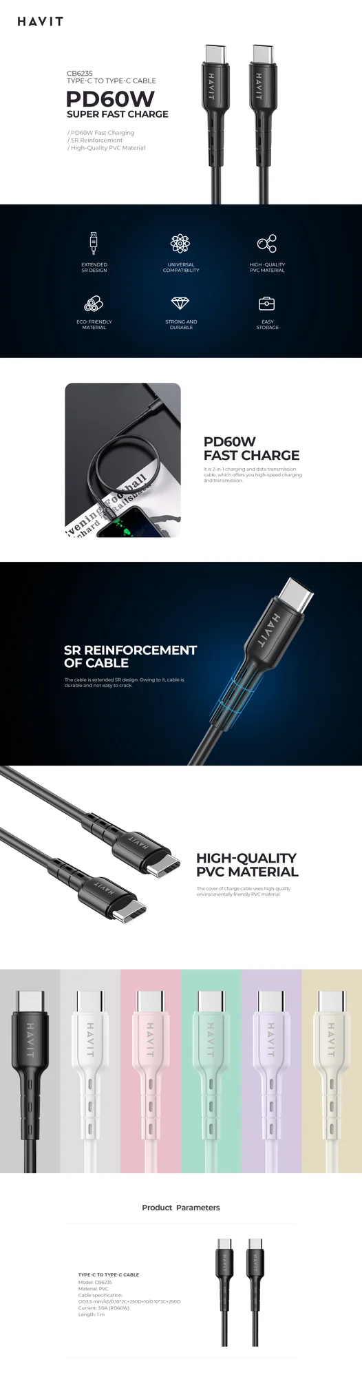 كابل HAVIT CB6235 من USB-C إلى USB-C للشحن السريع - Thumbnail 5