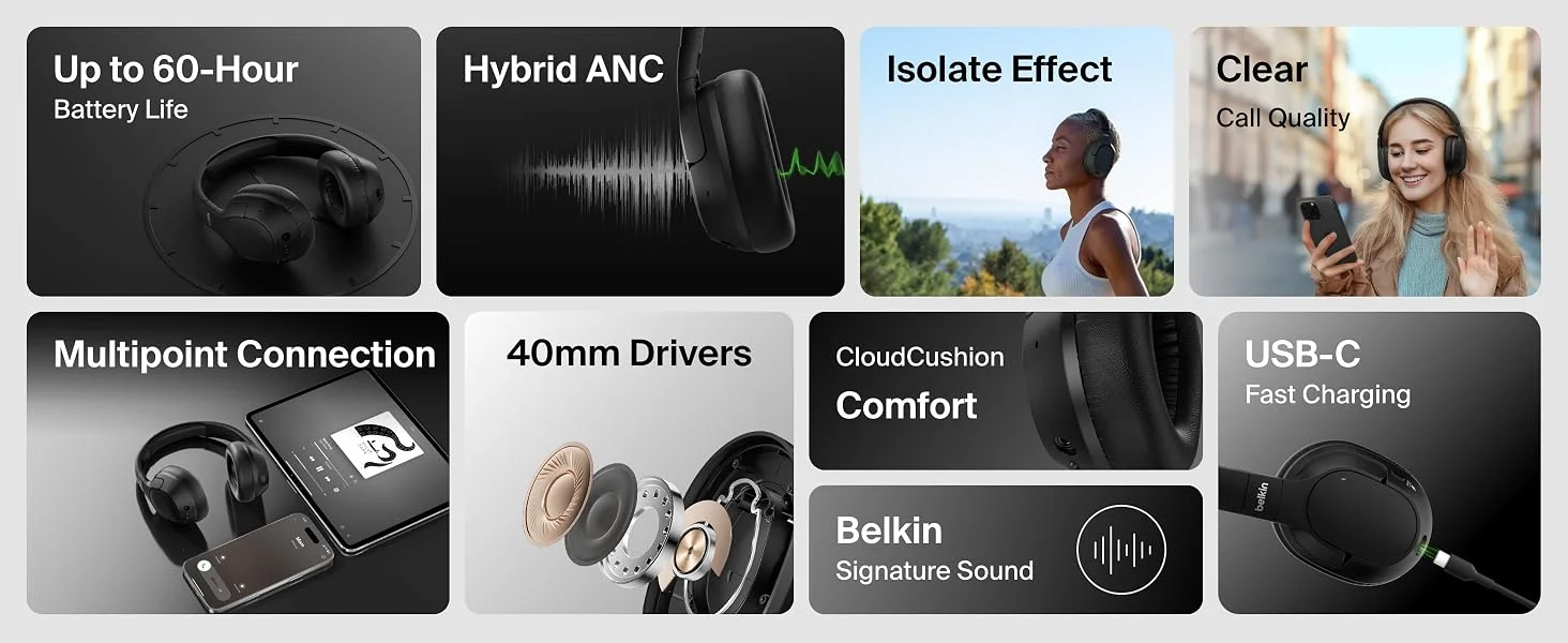 Belkin SoundForm Isolate Wireless Over-Ear ANC Headphones with Mic, Bluetooth 5.4, 60H Playtime, Black - Thumbnail 9