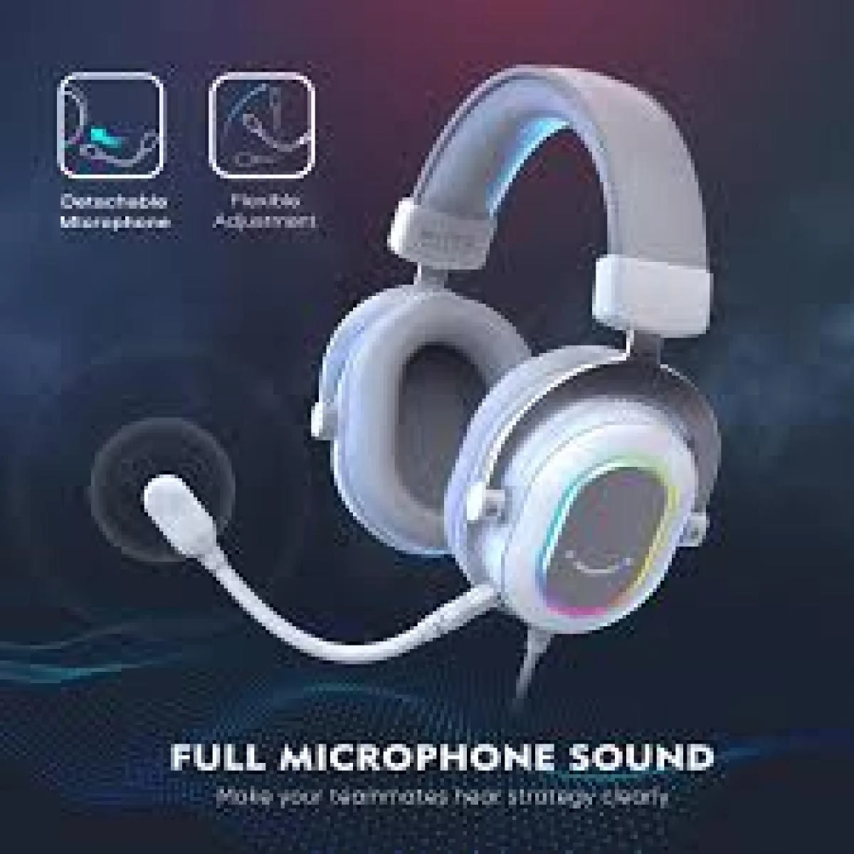 سماعة ألعاب FIFINE H13W بإضاءة RGB وصوت محيطي 7.1 للكمبيوتر وPS4 وPS5 - أبيض - Image 2