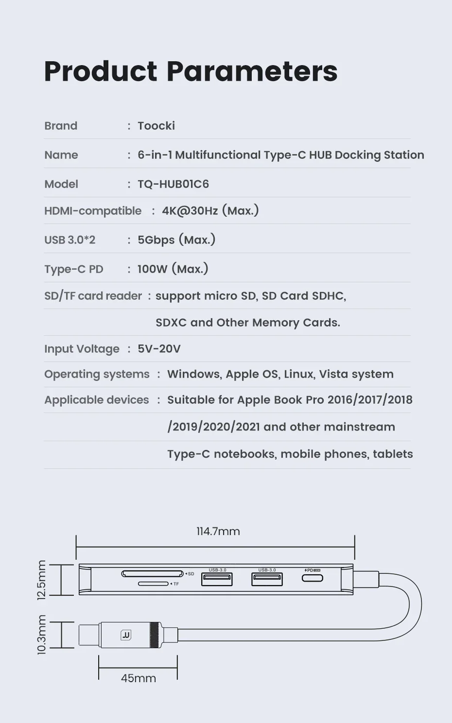TOOCKI 6-in-1 USB-C Hub with 4K HDMI, USB 3.0, PD 100W, SD/TF Card Reader - Grey - Thumbnail 19