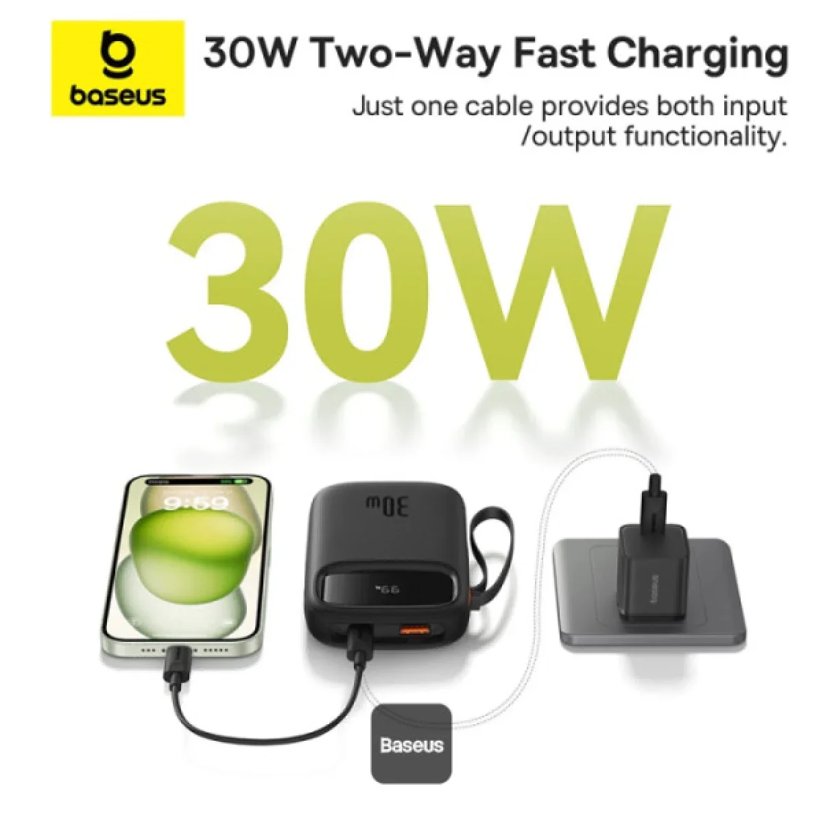 Baseus QPow2 10000mAh 30W Fast Charge Power Bank with Built-in Dual Type-C Cables - Black - Thumbnail 2