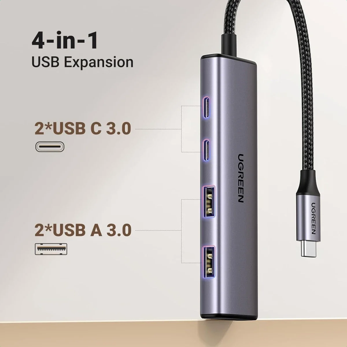 موزع Ugreen USB-C بأربعة منافذ مع منفذي USB-C ومنفذي USB-A 3.0 - Thumbnail 2