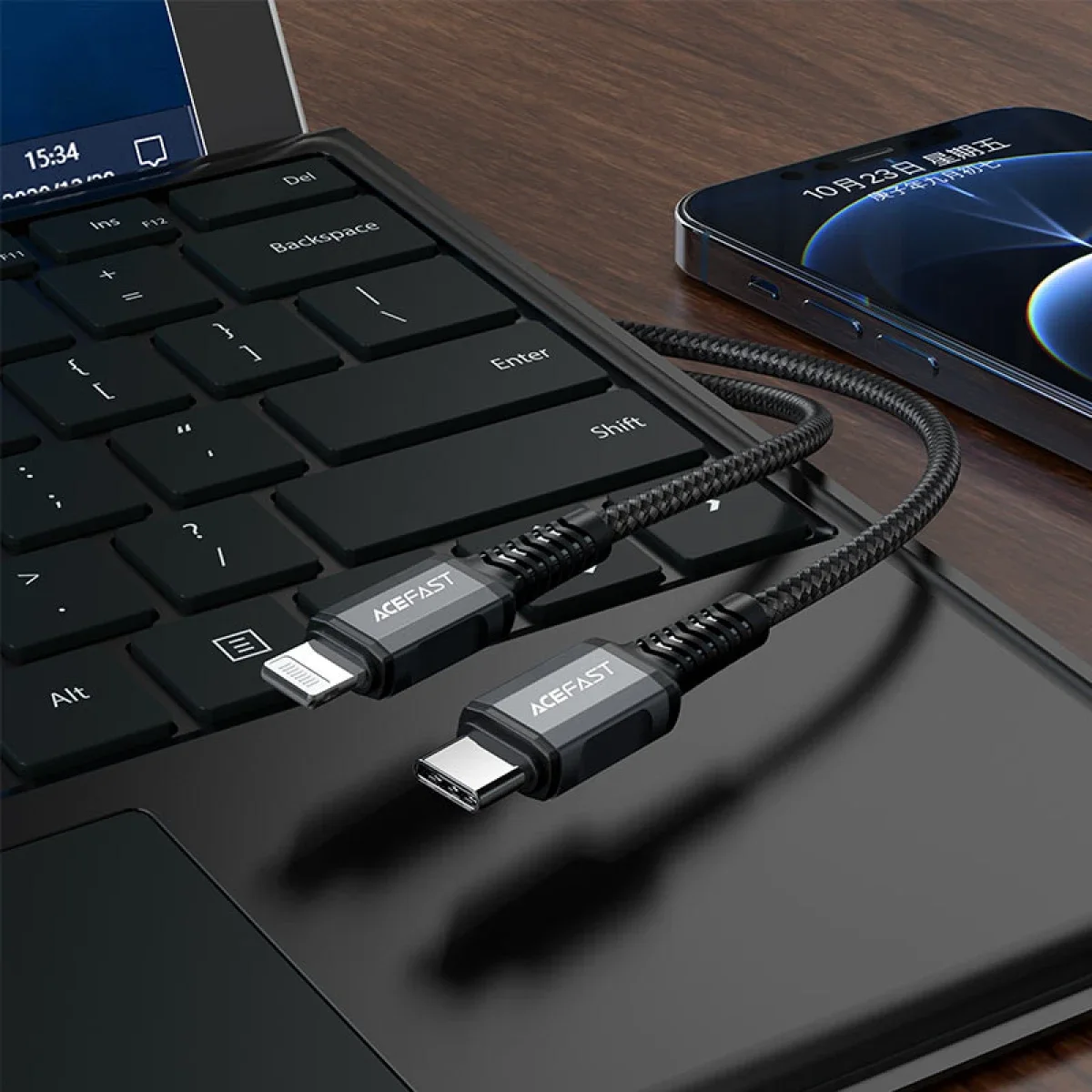 كابل شحن سريع ACEFAST C7-03 USB-C إلى USB-C مضفر بطول 1.2 متر وقدرة 100W وشاشة إضاءة - أسود - Thumbnail 2