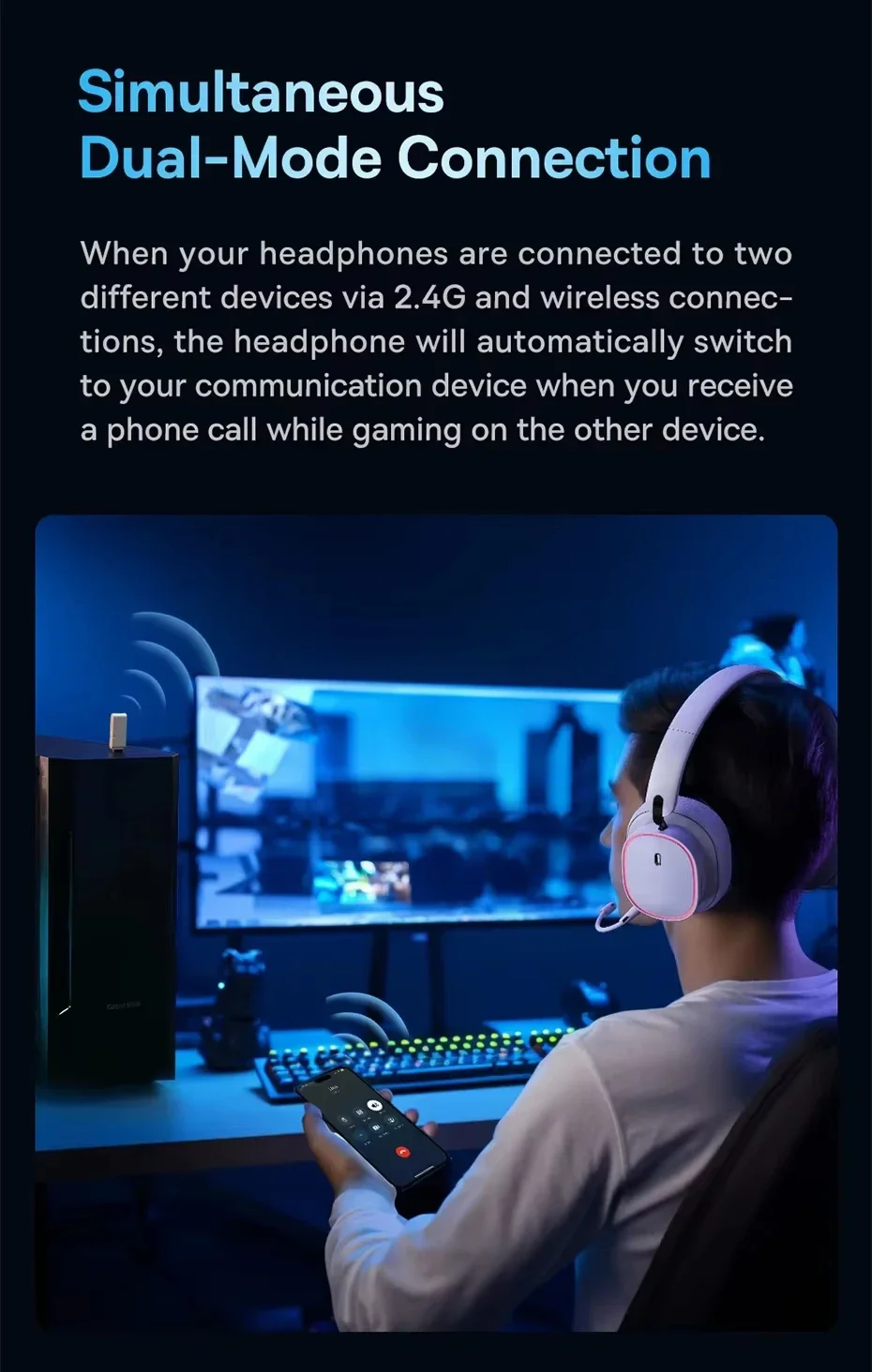 Baseus GH02 Wireless Gaming Headphones with ANC, RGB, 40mm Drivers and 40-Hour Playtime - White - Thumbnail 15
