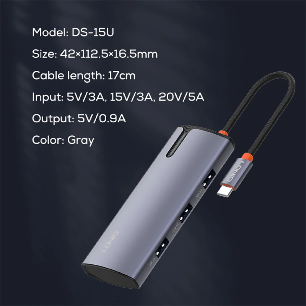 LDNIO DS-15U 5-in-1 USB Type-C Hub Multi-Function Adapter Gray - Thumbnail 6