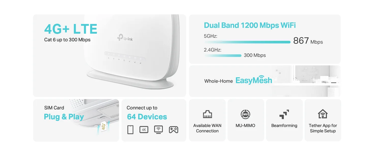 راوتر Wi‑Fi ‏4G+ Cat6 من TP-LINK Archer MR505 AC1200 مع منفذ جيجابت وفتحة SIM - Thumbnail 9