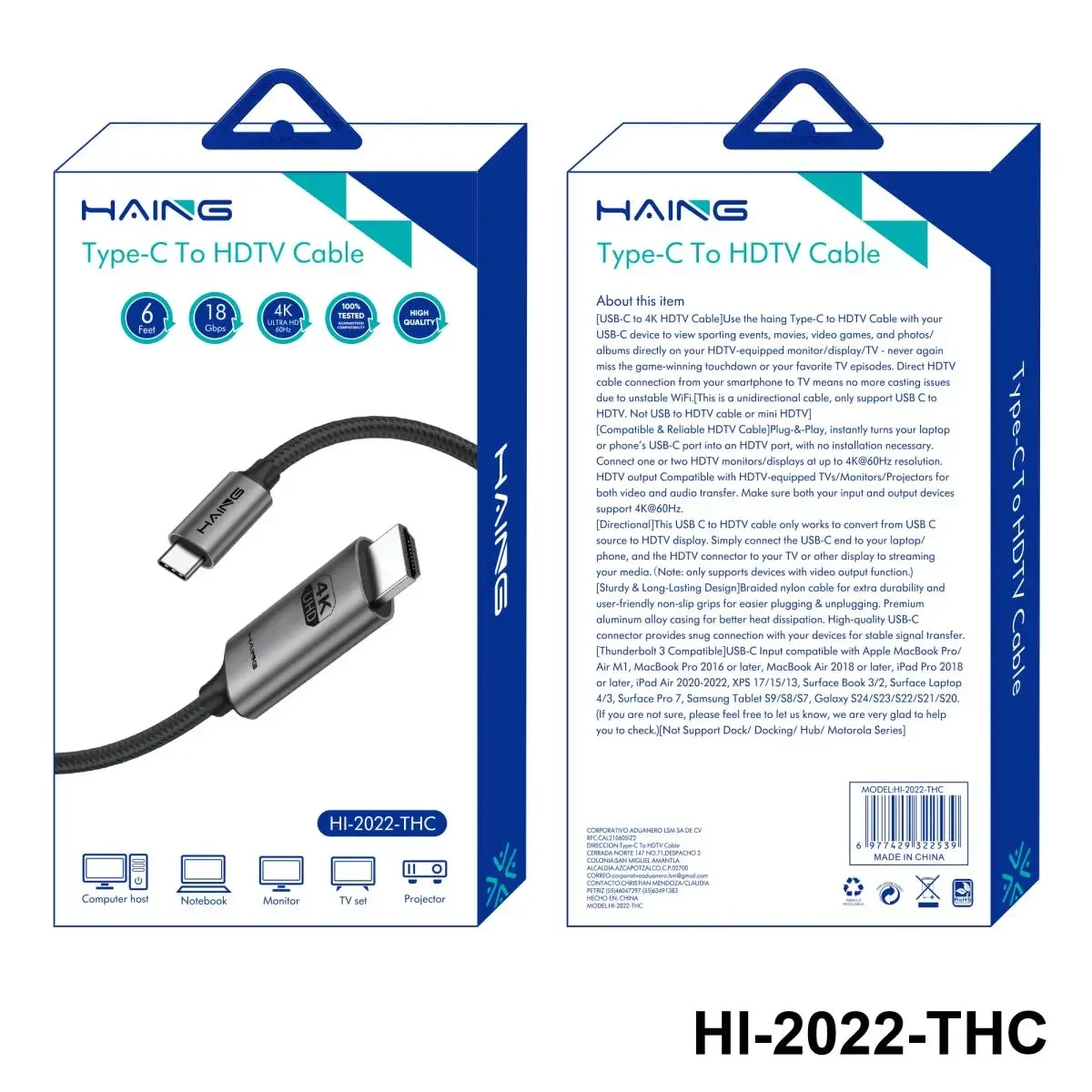 HAING HI-2022-THC-1.8 USB-C to HDMI Cable 1.8m 4K 60Hz - Image 2