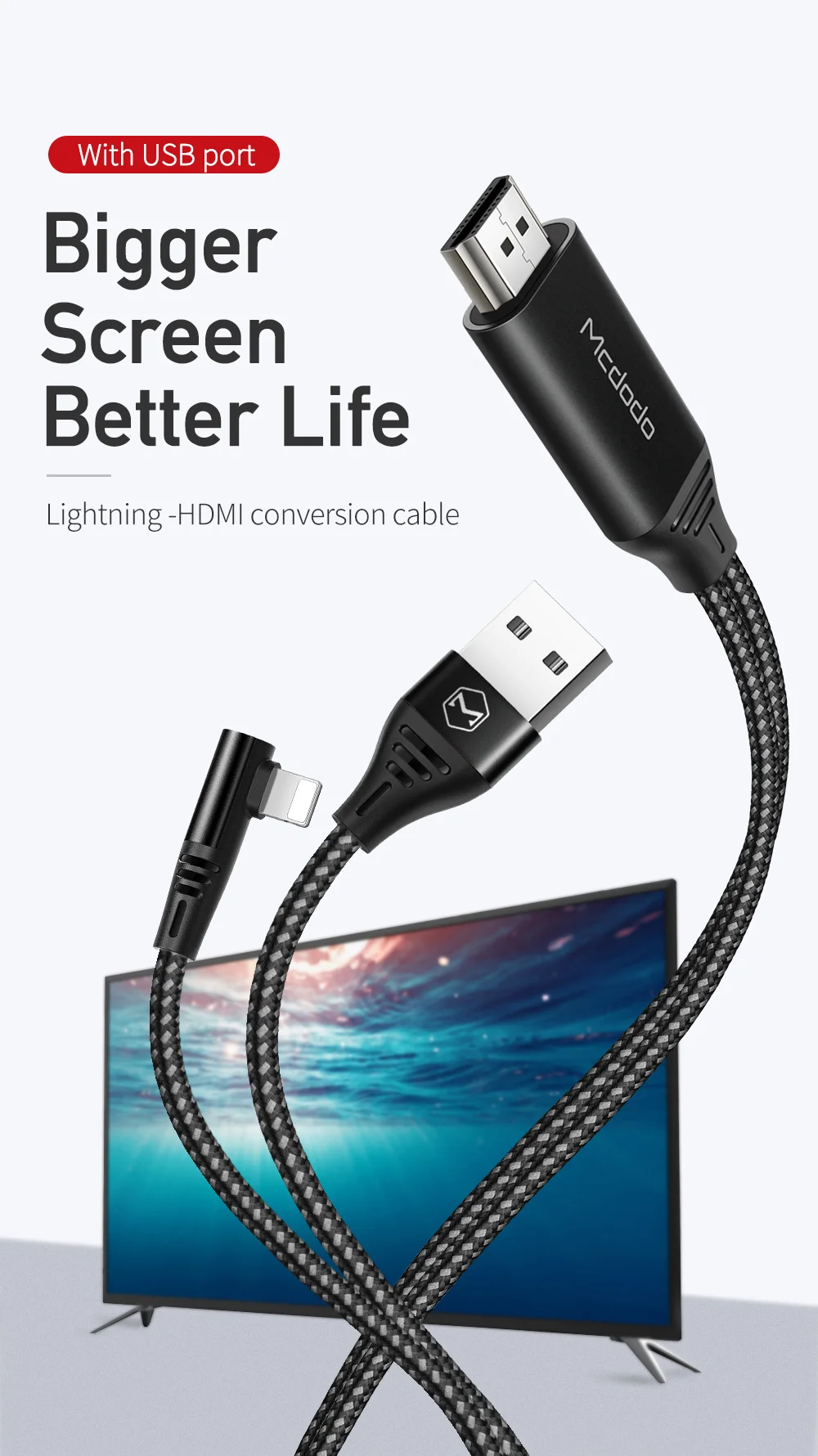 Mcdodo CA-6400 Lightning to HDMI 4K Adapter Cable with USB Port 2M for iPhone iPad - Image 6