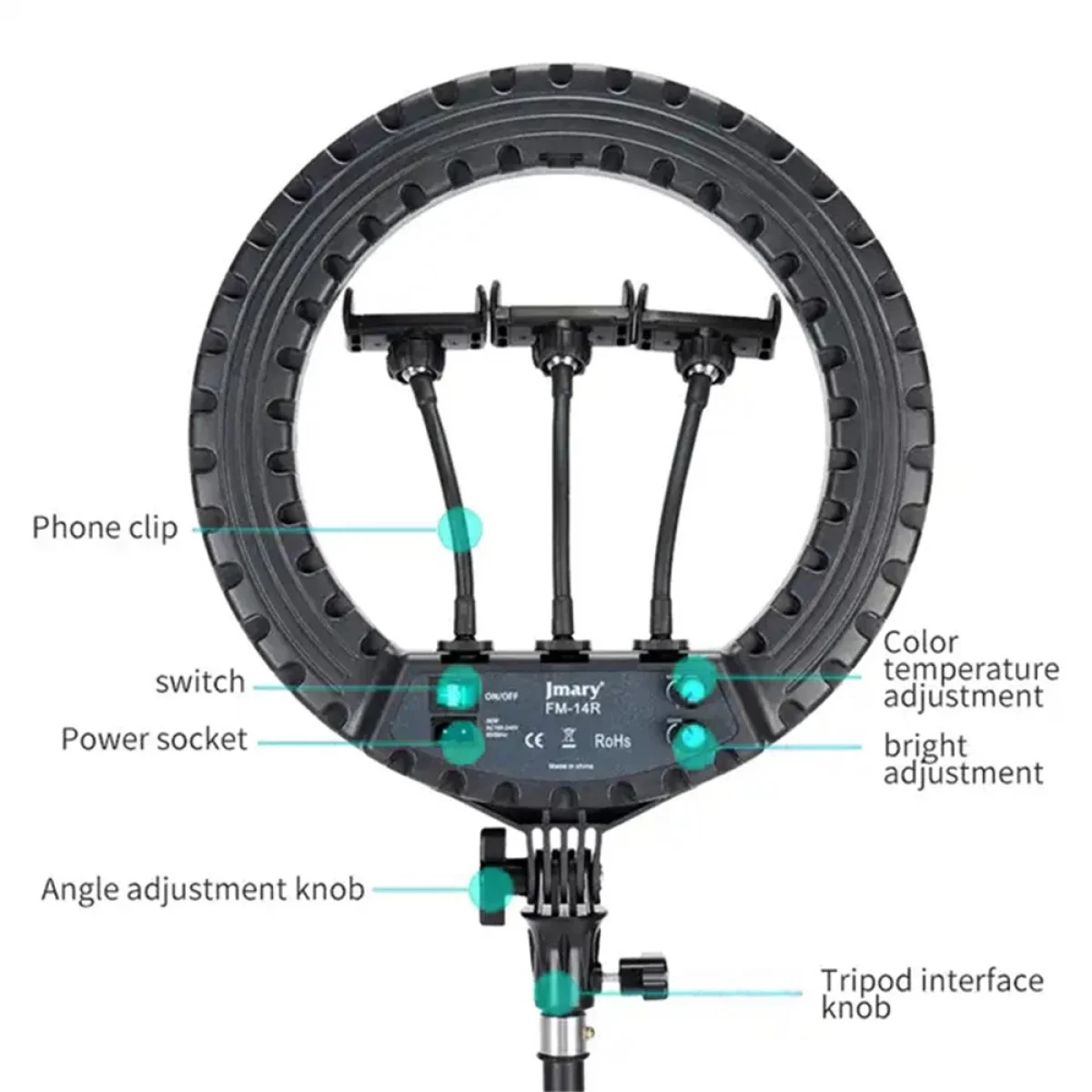إضاءة حلقية LED Jmary FM-14R مقاس 14 إنش للبث المباشر والتصوير - أسود - Image 4