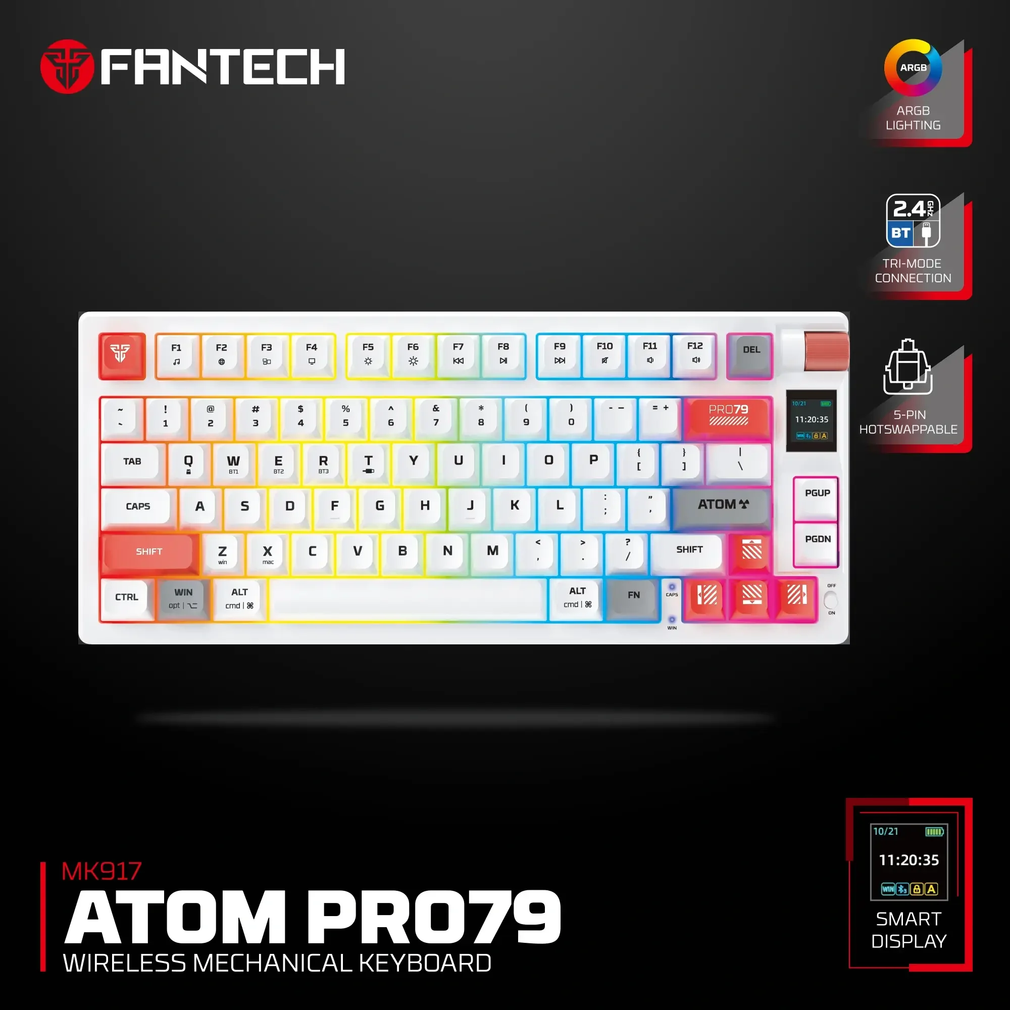 كيبورد ألعاب ميكانيكي لاسلكي مع 13 وضع إضاءة Fantech MK917 Atom - أبيض - Image 3