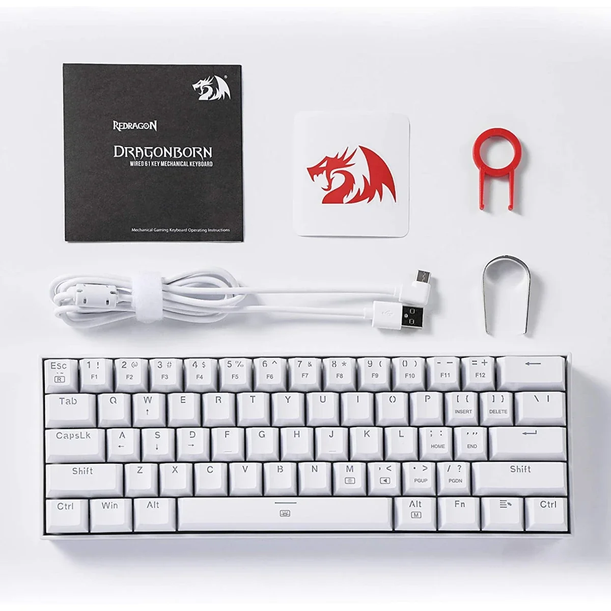 كيبورد ألعاب ميكانيكي Redragon K630 Dragonborn سلكي RGB بنسبة 60%، 61 مفتاح، سويتش أزرق خطي، أبيض - Thumbnail 3