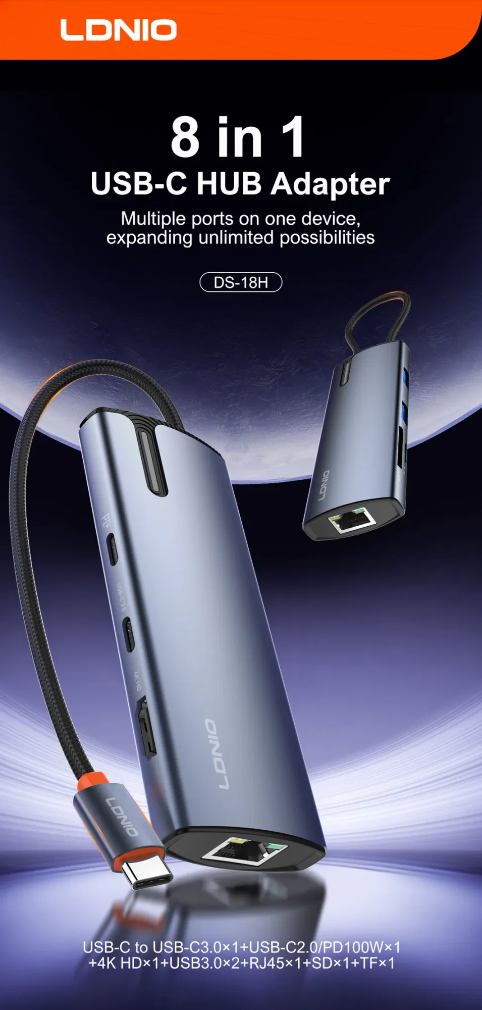 محطة إرساء LDNIO DS-18H ‏8 في 1 بمنفذ USB-C مع 100W PD و4K HDMI وRJ45 وSD/TF - رمادي - Thumbnail 8