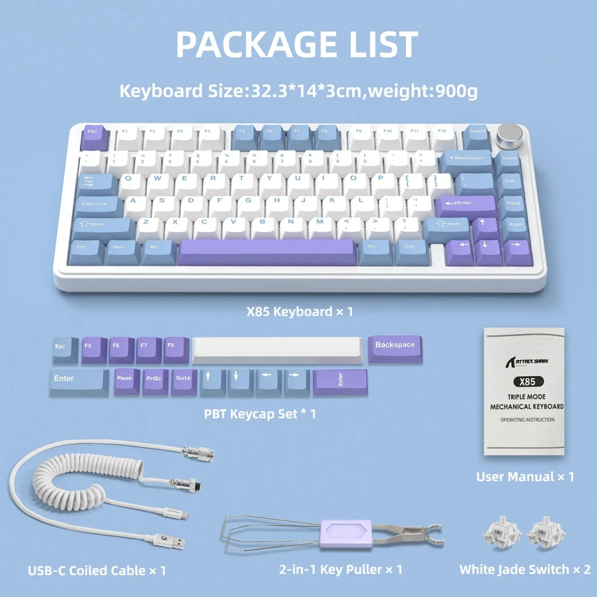 كيبورد ميكانيكي ATTACK SHARK X85 بنسبة 75% ثلاثي الاتصال أبيض وبنفسجي مع سويتش White Jade - Image 10