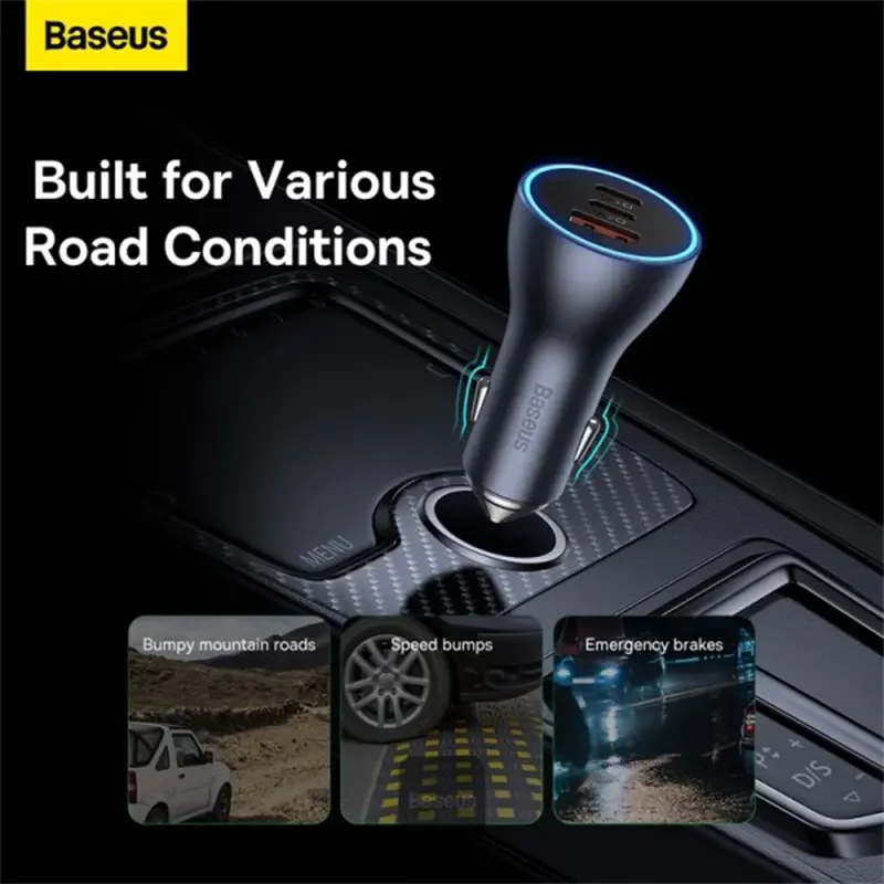 شاحن سيارة Baseus Golden Contactor Pro بقدرة 65W مع USB-A ومنفذين USB-C – رمادي داكن - Thumbnail 6