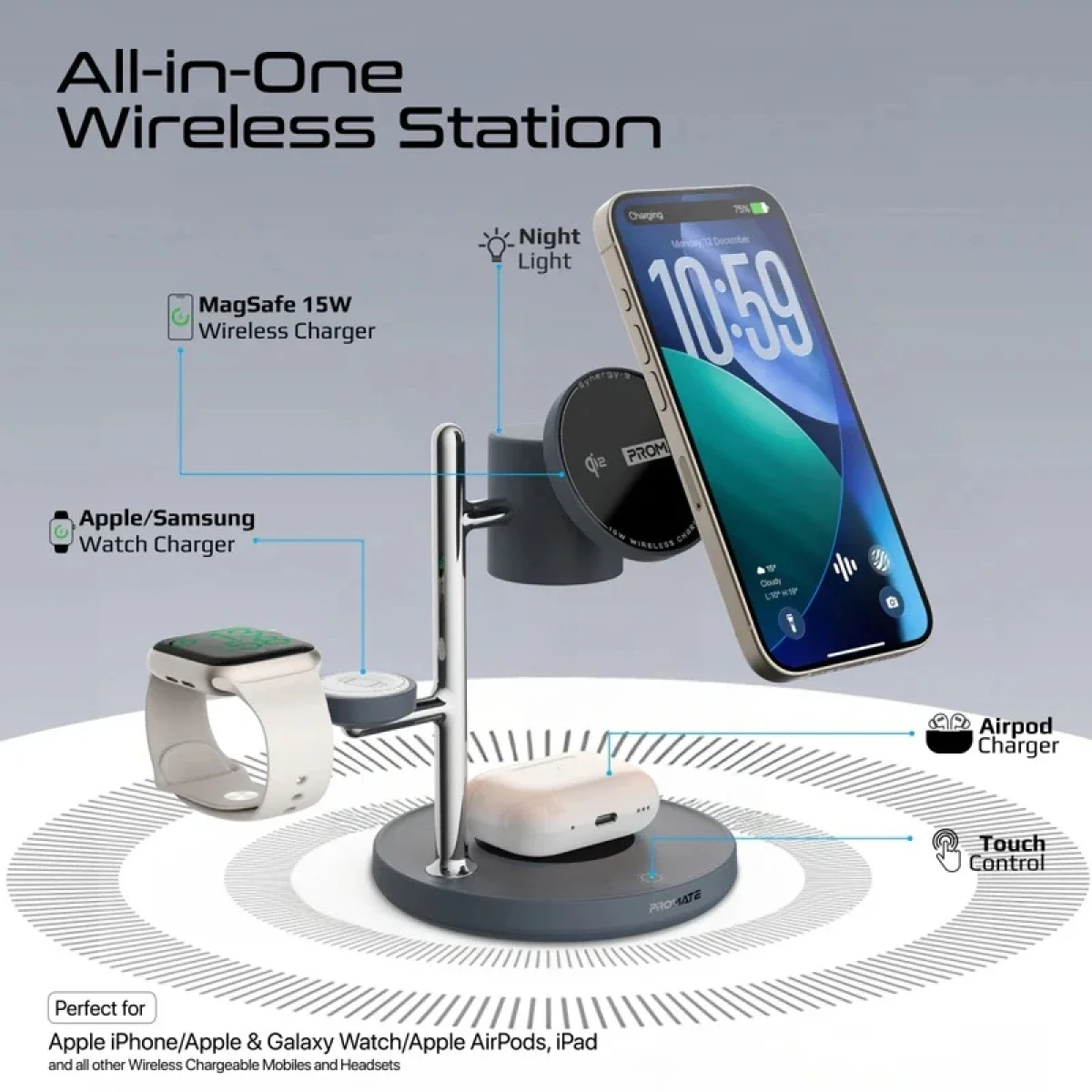 Promate Synergy-3 4-in-1 Qi2 MagSafe Compatible Wireless Charging Station with Night Lamp - Black - Thumbnail 2