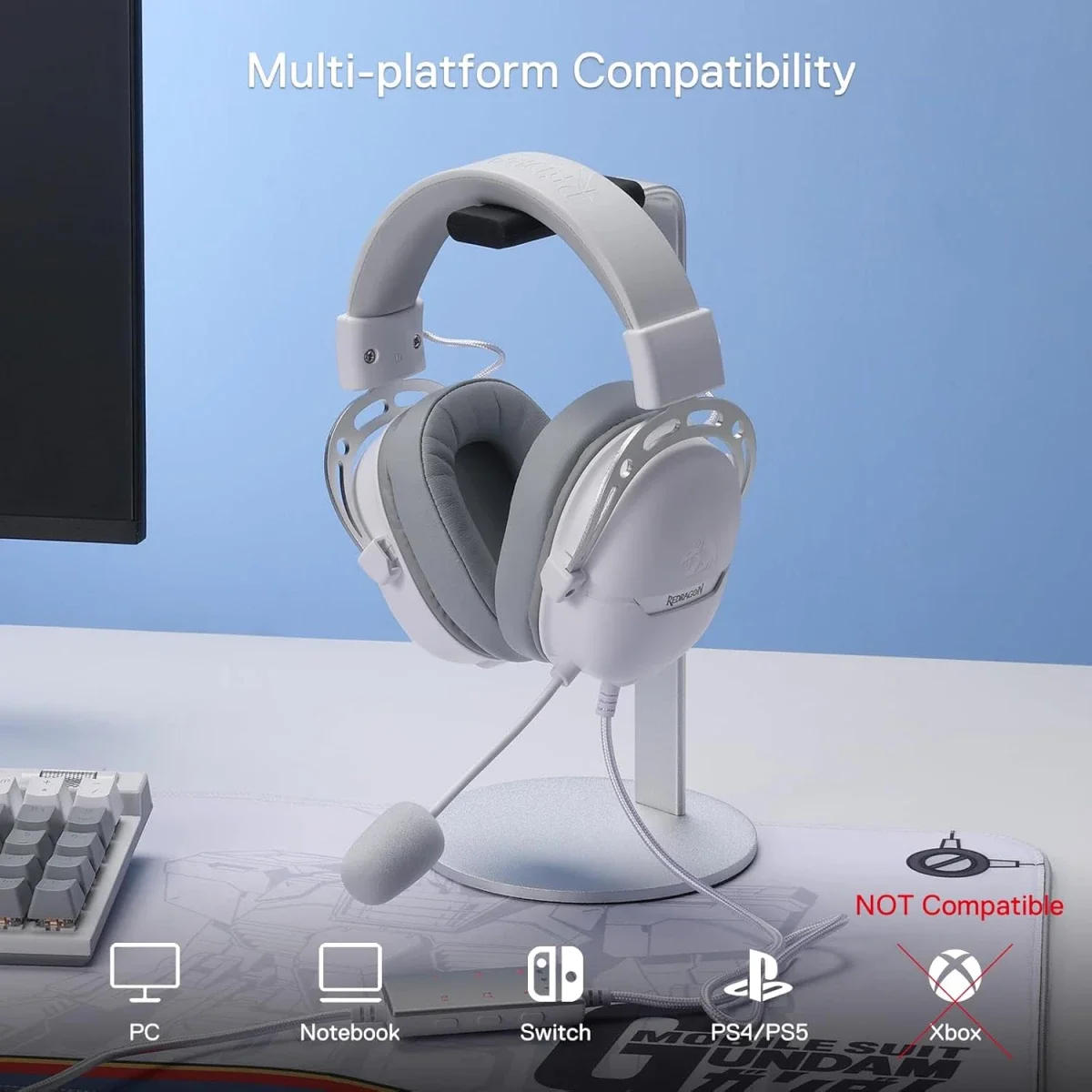 Redragon H376WG Aurora Wired USB Gaming Headset with 7.1 Surround Sound, 40mm Drivers - White - Thumbnail 2