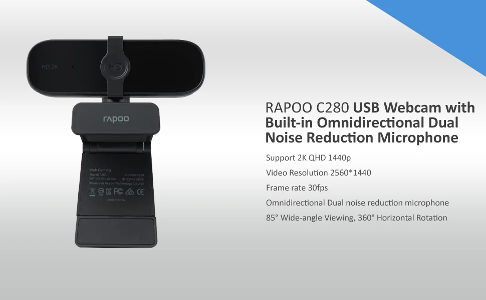 كاميرا ويب Rapoo C280 بدقة 2K 1440p مع مايكروفون مزدوج وغطاء خصوصية وتوصيل وتشغيل - Image 8