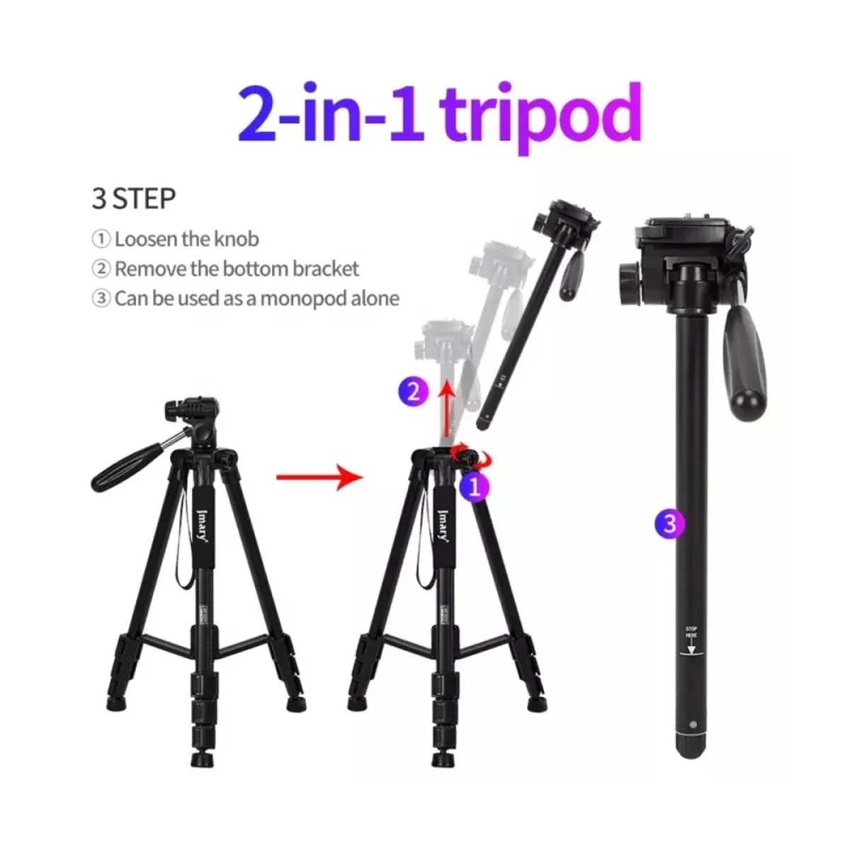 Jmary KP-2254 Professional Aluminum Tripod Monopod for DSLR Cameras, 4 kg Load, 1650 mm - Image 2