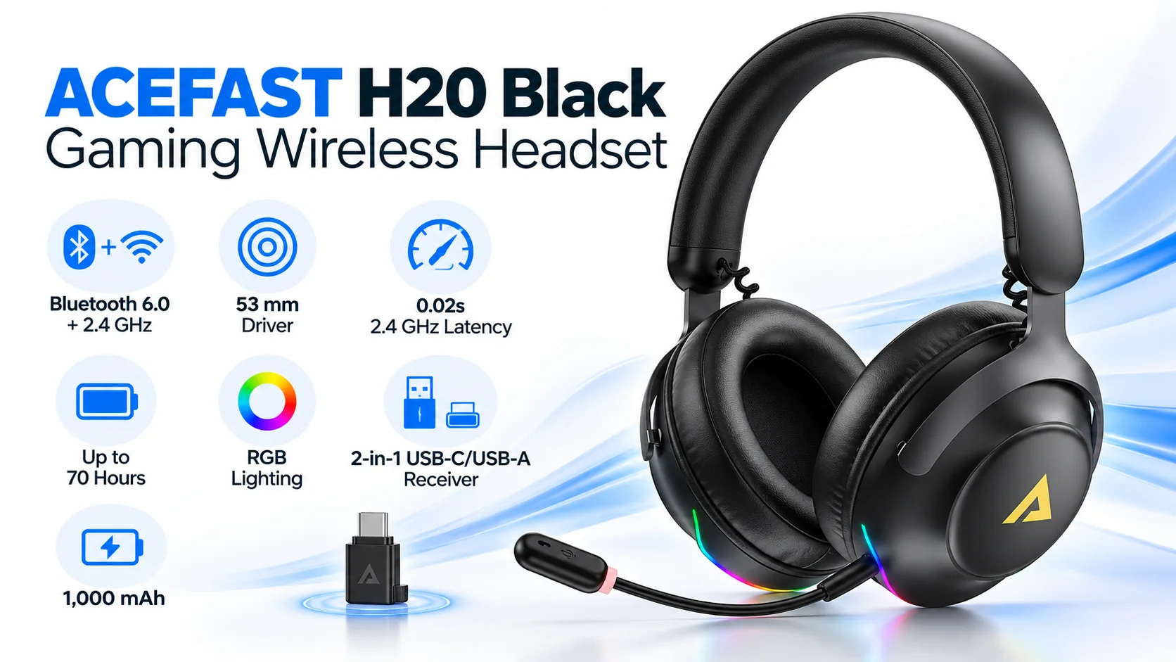 ACEFAST H20 Dual-Mode Wireless Gaming Headset - Black - Image 9