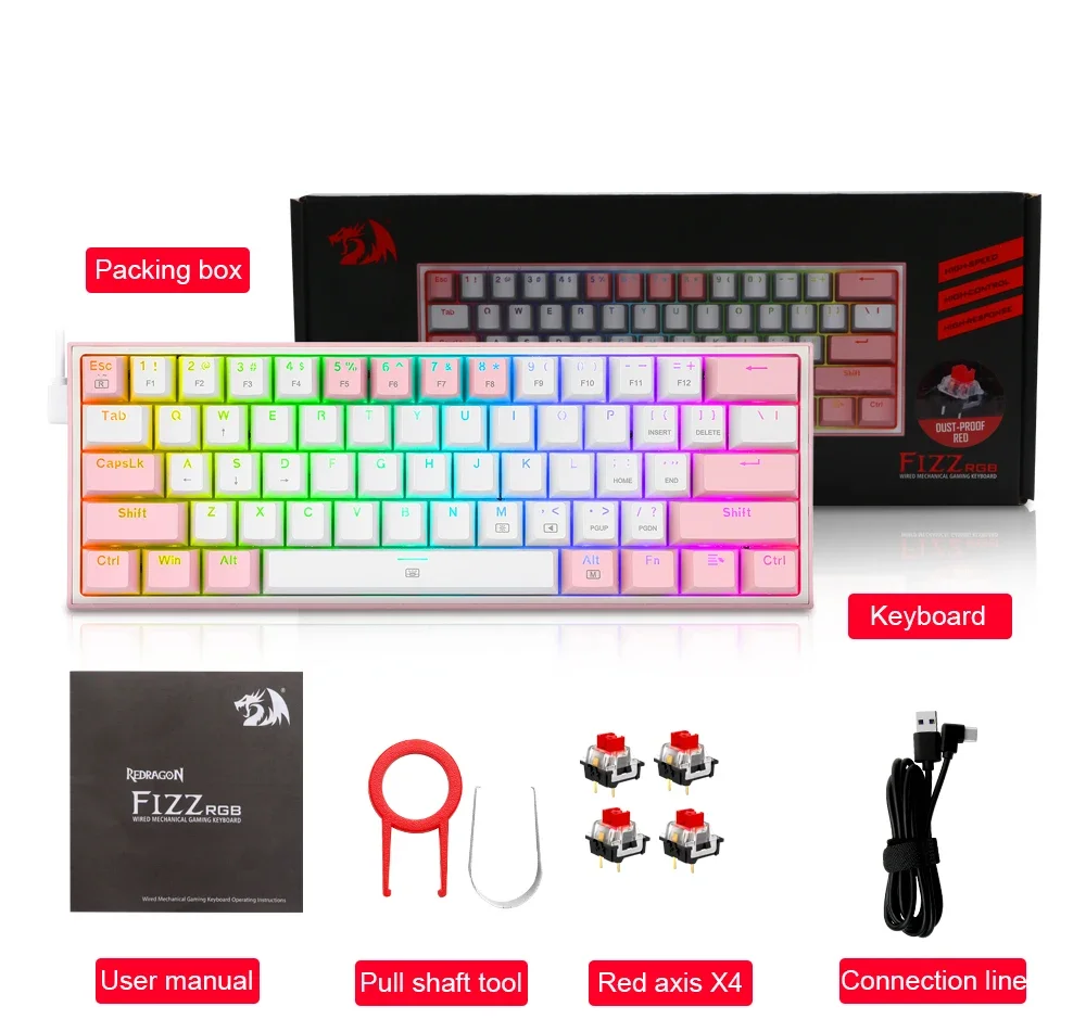 Redragon K617 Fizz RGB 60% Mechanical Gaming Keyboard, 61 Keys, Red Switches, Black - Thumbnail 20