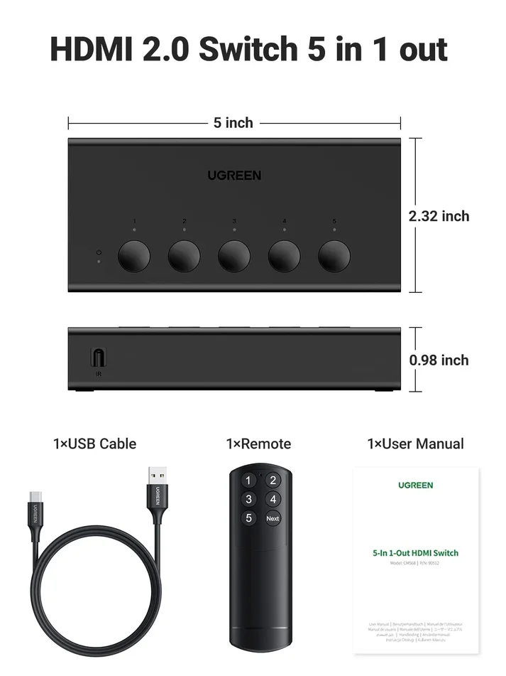 موزع خمسة مداخل HDMI إلى مخرج واحد للتبديل السهل بين الأجهزة HDMI Ugreen 90512 ‏5 في 1  بدقة 4K@60Hz مع ريموت - Thumbnail 4