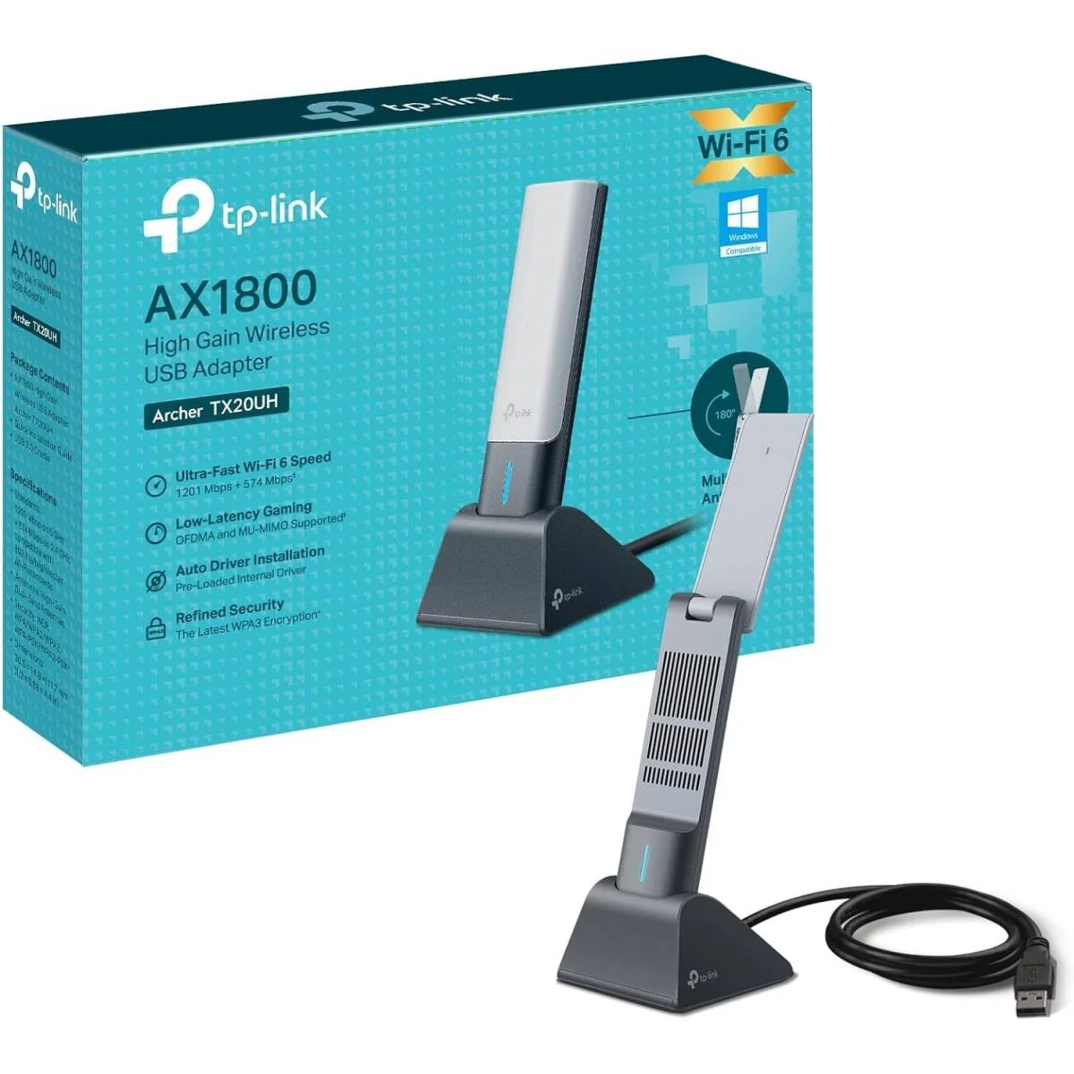 محول واي فاي TP-LINK Archer TX20UH AX1800 Wi-Fi 6 ثنائي النطاق USB 3.0 مع كابل 1.2 متر